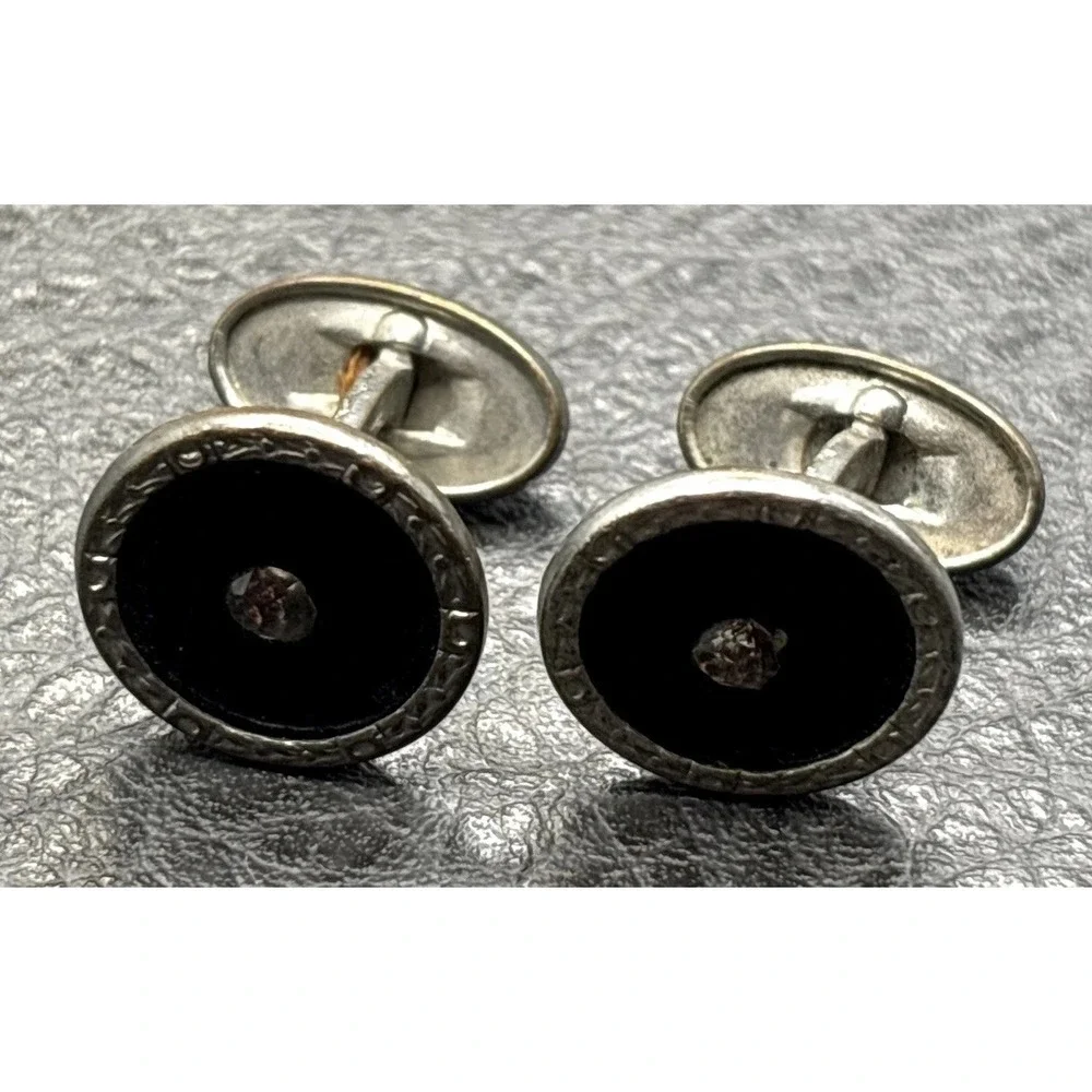 Vintage Art Deco Rhinestone Crystal Enamel Decorative Cufflinks Silver Tone